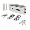 A polished stainless steel glass mounted latch with lock, thumbturn, strike plate, and two sets of keys displayed on a white background.