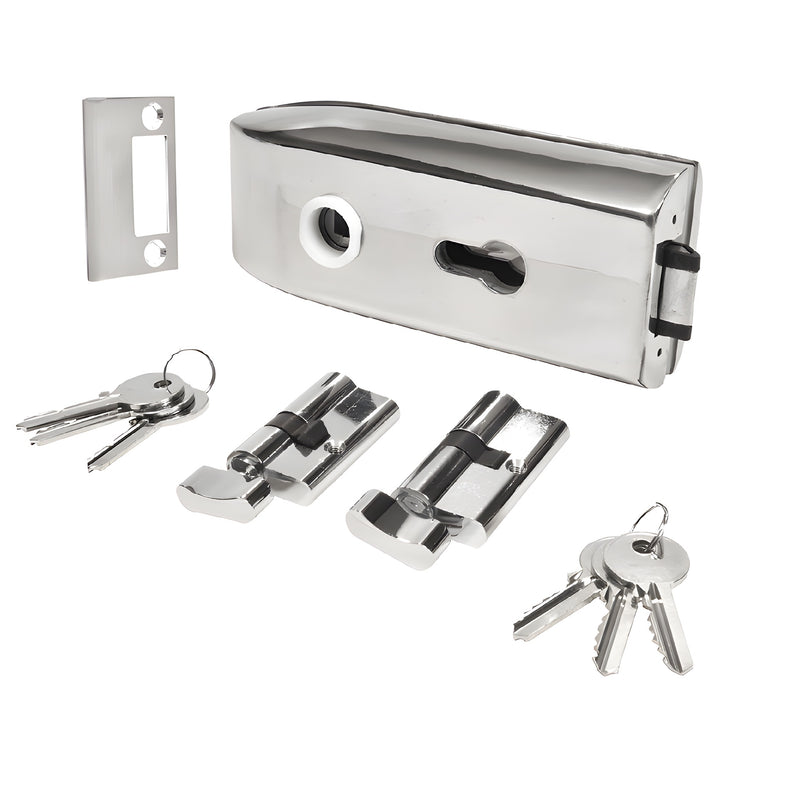 A polished stainless steel glass mounted latch with lock, thumbturn, strike plate, and two sets of keys displayed on a white background.
