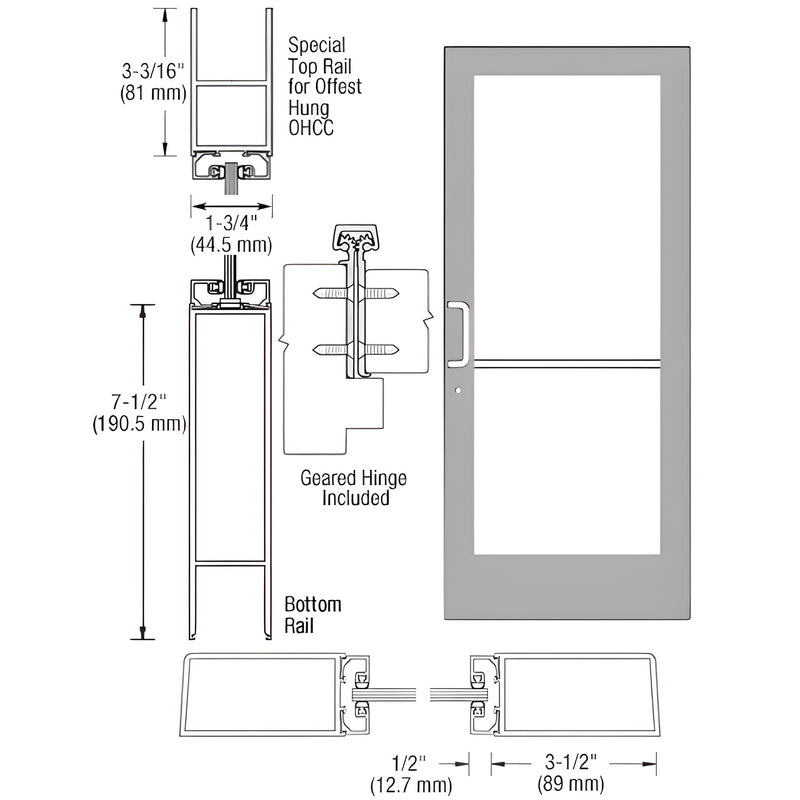 Technical diagram showing the profile dimensions and components of a Series 400 medium stile entrance door with a geared hinge.