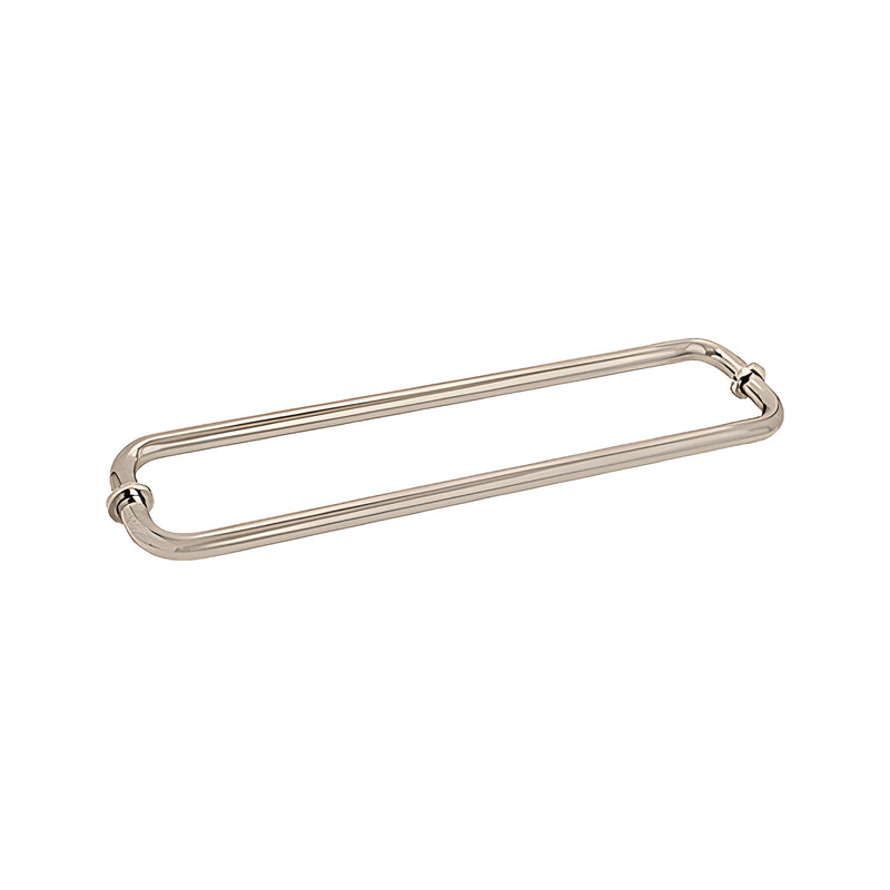 A satin nickel finish back-to-back tubular towel bar with metal washers designed for glass shower door mounting.