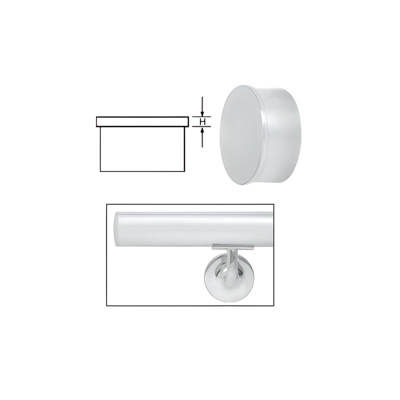 A technical diagram and photo showing a flat aluminum end cap for a 1.9-inch railing system.