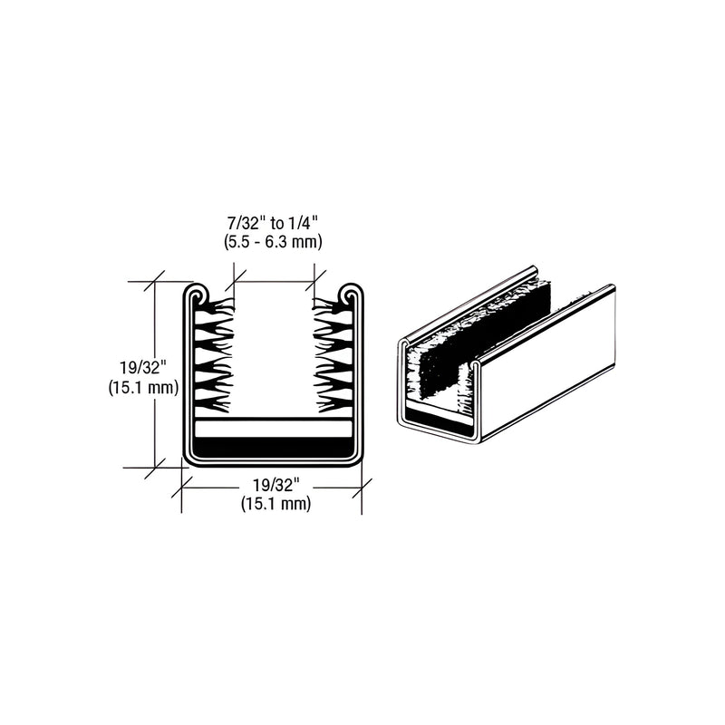 Technical diagram showing the cross-section and perspective view of a rigid marine glass run channel with pile lining.
