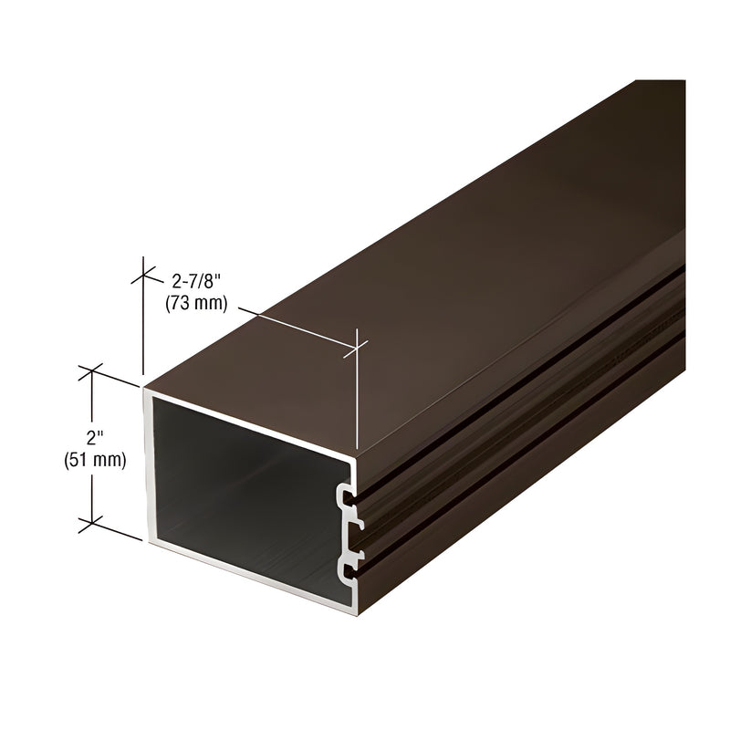 A close-up view of a black bronze anodized aluminum vertical mullion showing its rectangular profile and dimensions.