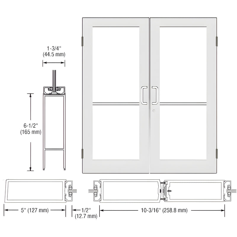 Technical diagram showing the profile and elevation of a pair of Series 550 wide stile butt hinge entrance doors with a White KYNAR finish.