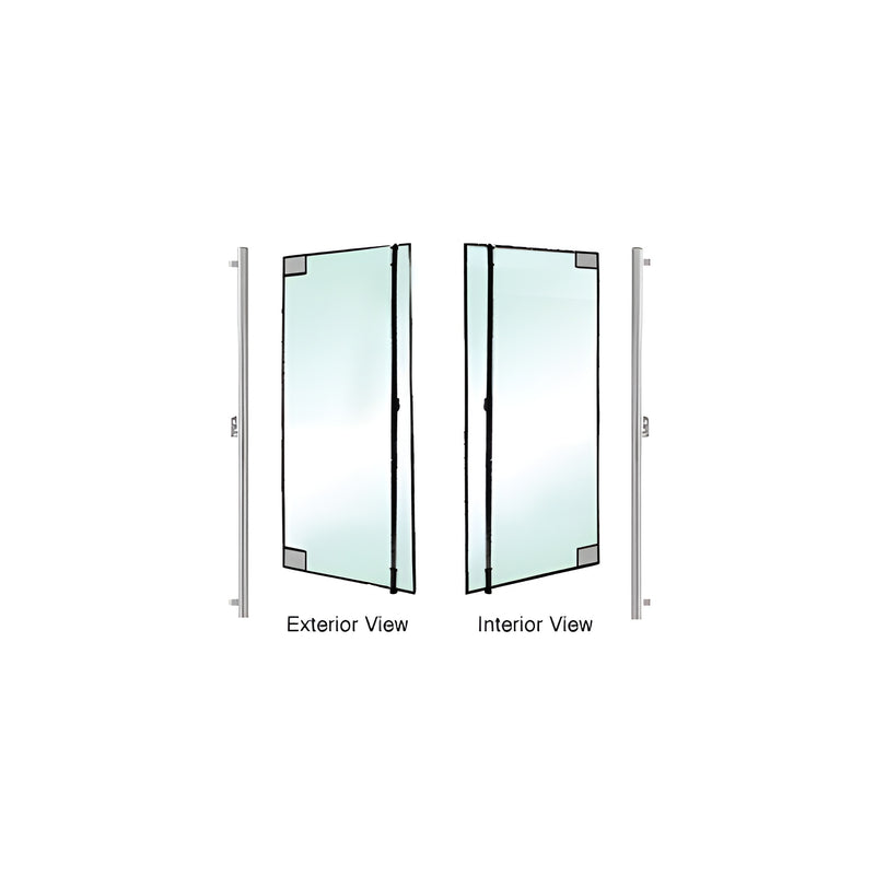 A diagram showing the exterior and interior views of a glass door mounted with a polished stainless steel dummy handle.