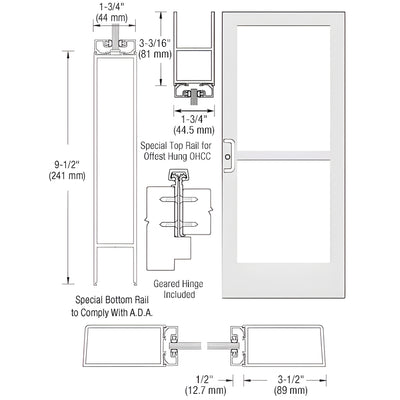 CRL-U.S. Aluminum White KYNAR® Paint Single 36" x 84" Series 400 Medium Stile Left Side Latch Geared Hinge Entrance Door With Panic for 105 Degree Overhead Concealed Door Closer