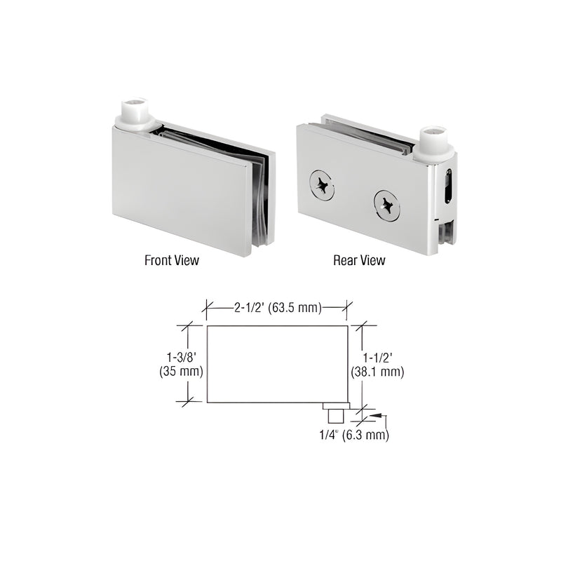 Front and rear views of satin chrome flush mount cabinet pivot hinges with a technical dimension diagram below.