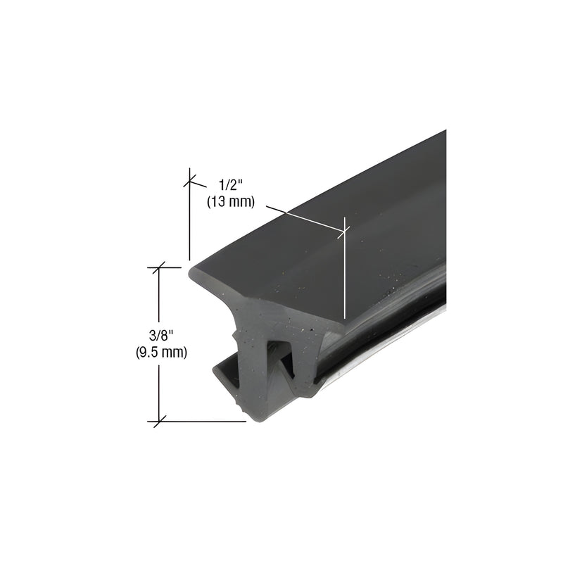 A close-up view of a black EPDM storefront gasket showing its 1/2 inch width and 3/8 inch height profile dimensions.