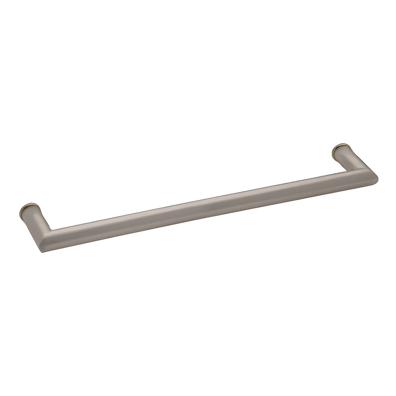 A 24-inch brushed nickel single-sided towel bar with a mitered corner tubular design for glass mounting.