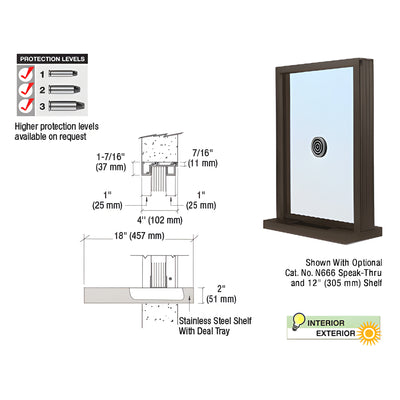CRL Duranodic Bronze Anodized Aluminum Narrow Inset Frame Exterior Glazed Exchange Window with 18" Shelf and Deal Tray