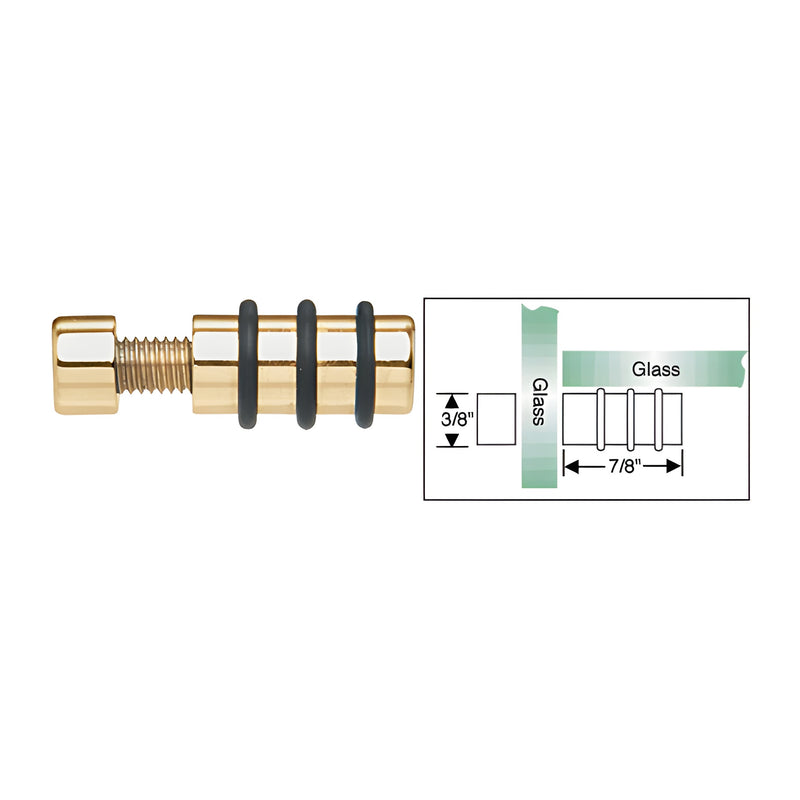 A gold plated brass single glass shelf support shown next to a technical diagram illustrating its dimensions and installation method.