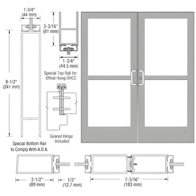 CRL-U.S. Aluminum Clear Anodized Pair 72" x 84" Series 400 Medium Stile Geared Hinge Entrance Doors With Panics for Overhead Concealed Door Closers