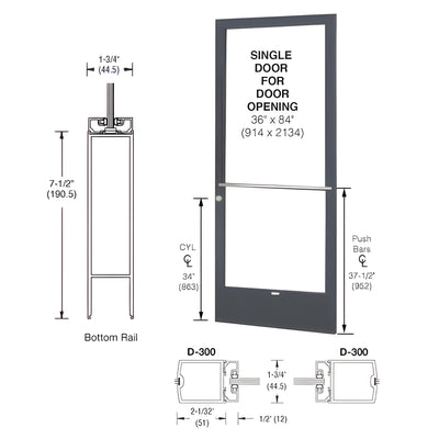 CRL-U.S. Aluminum Bronze Black Anodized 250 Series Narrow Stile (RHR) HRSO Single 3'0 x 7'0 Center Hung for OHCC w/Standard Push Bars Complete Door / Std. MS Lock, 7-1/2" Std. Bottom Rail