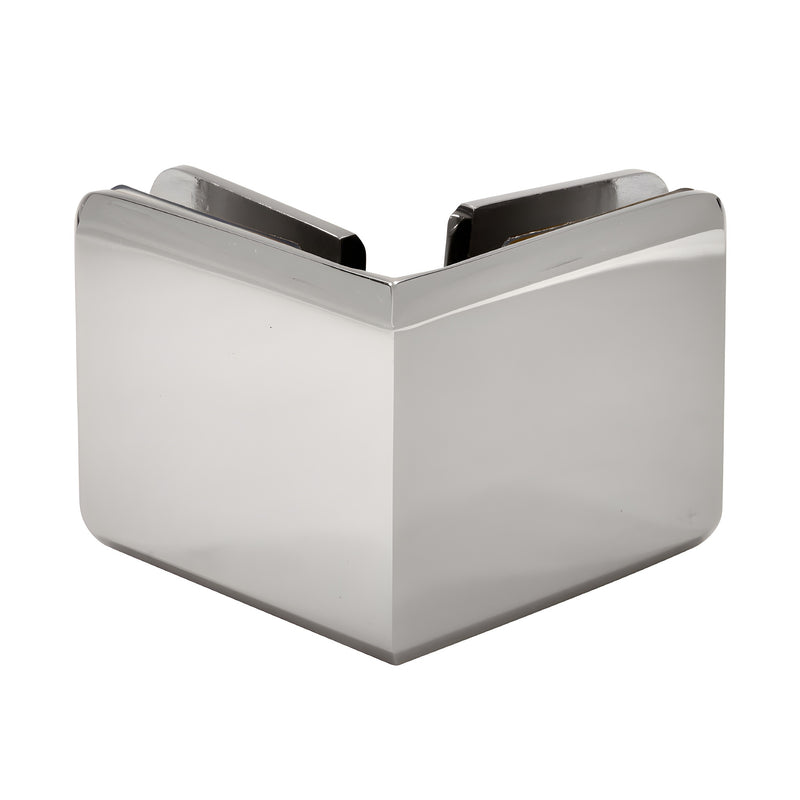 A polished nickel 90-degree glass-to-glass clamp shown from the exterior corner angle.