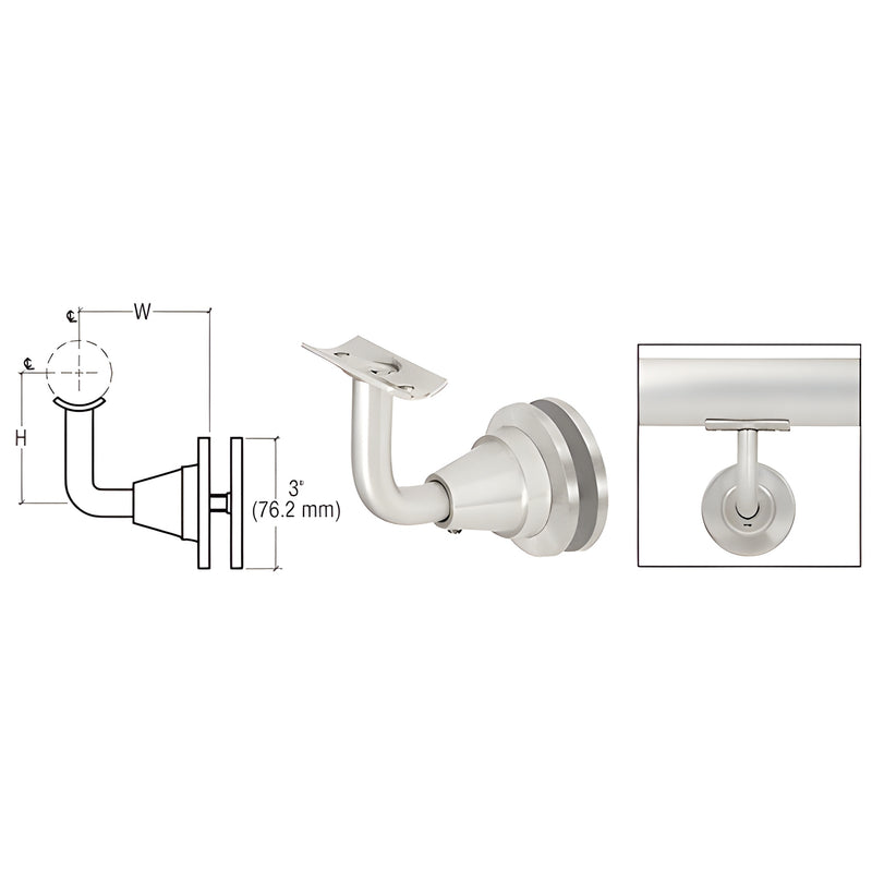 A technical diagram and product view of the adjustable mill aluminum Newport Series glass mounted hand rail bracket.
