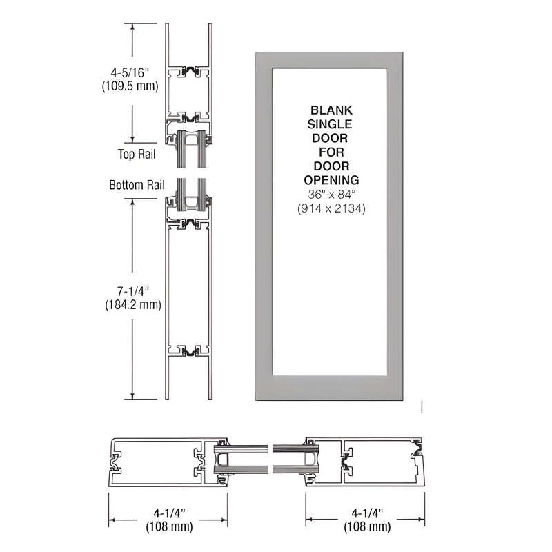 Technical diagram showing the profile and dimensions of a medium stile thermal door with a clear anodized finish.