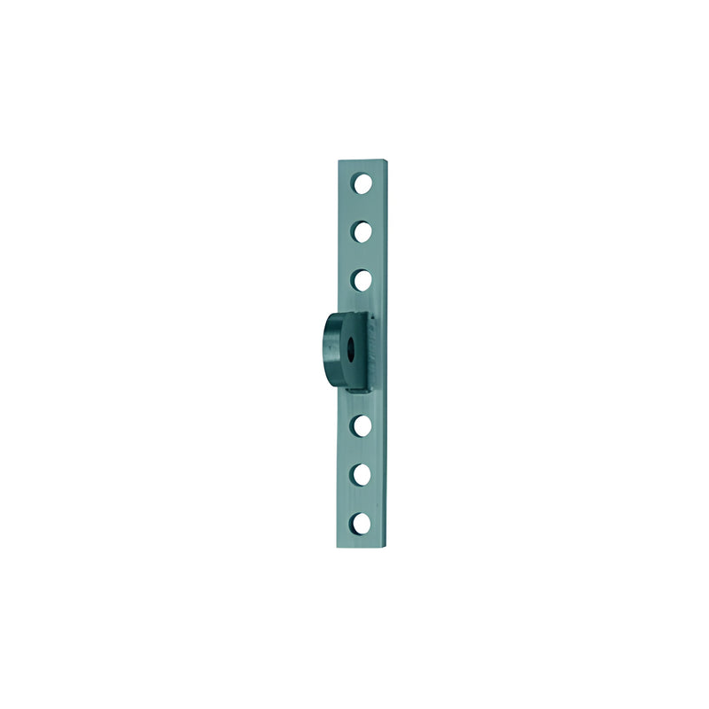 A vertical metal curtain wall mounting plate with a KYNAR® paint finish and multiple pre-drilled holes for 12 mm rods.