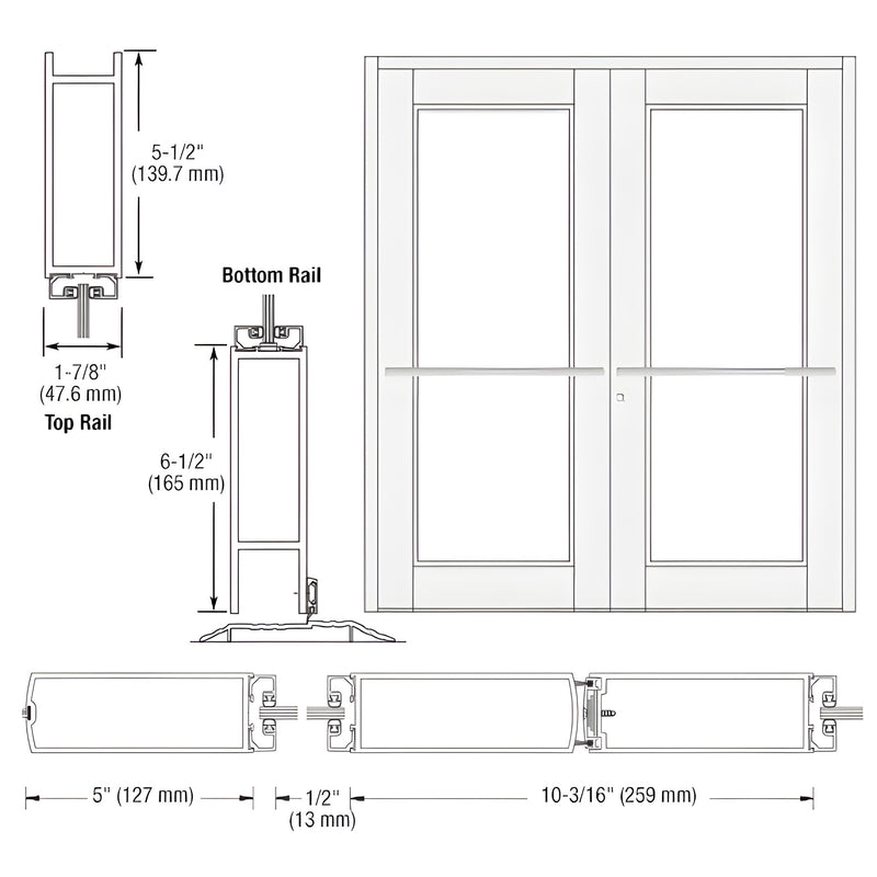 Technical diagram showing the top rail, bottom rail, and profile dimensions for a pair of Series 850 Durafront wide stile center pivot entrance doors.