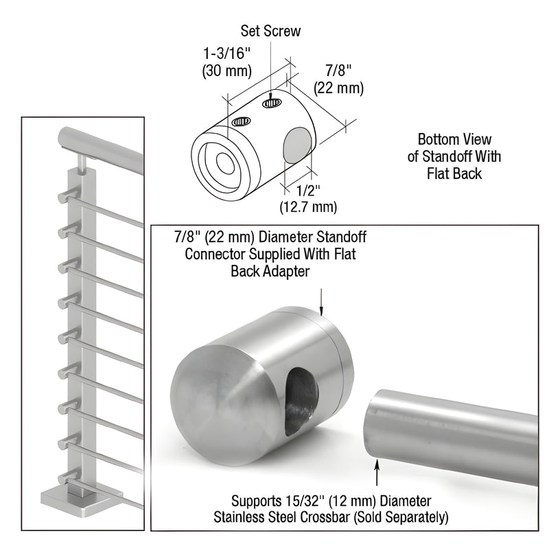 A technical diagram and product photo showing a 7/8 inch diameter brushed stainless steel left end standoff connector for railing crossbars.