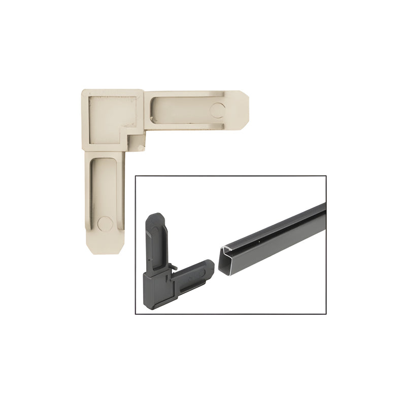 A beige plastic square cut screen frame corner connector shown alongside a demonstration of how it inserts into a screen frame rail.