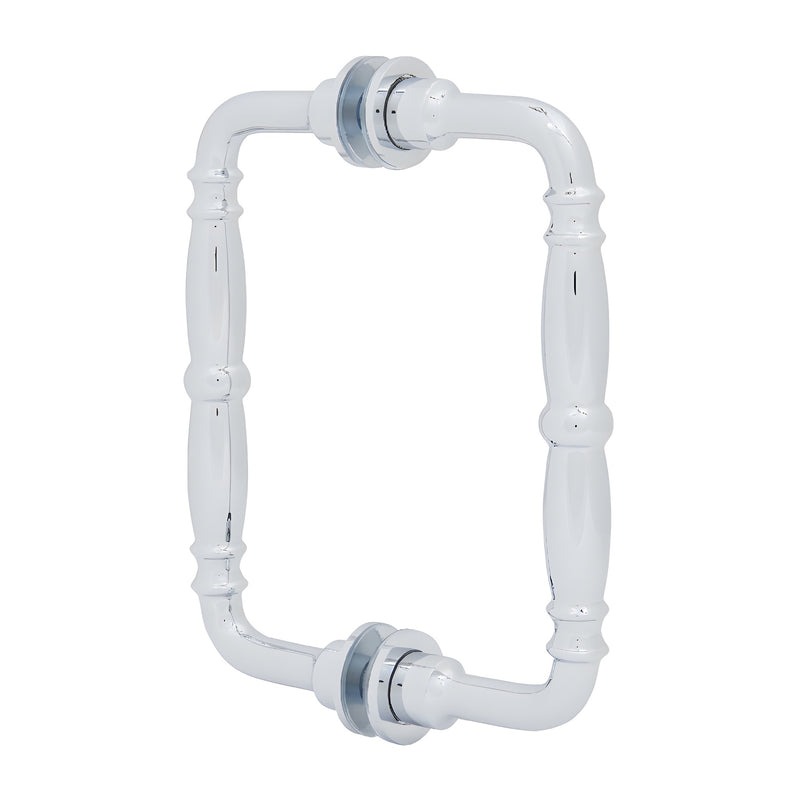 A polished chrome Victorian style back-to-back pull handle shown from an angled perspective.
