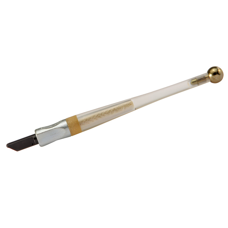 A CRL Fletcher Gold-Tip glass cutter with a clear plastic contour grip handle and a narrow metal head.