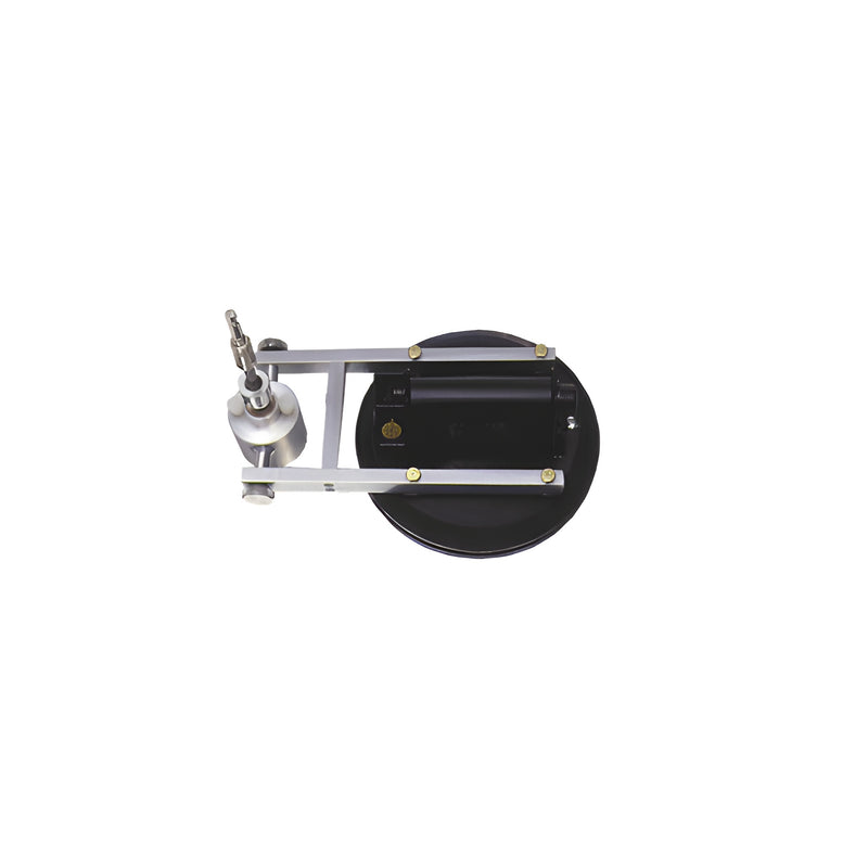 The CRL Port-O-Holer glass drilling tool features a metal guide assembly attached to a black vacuum suction cup base.