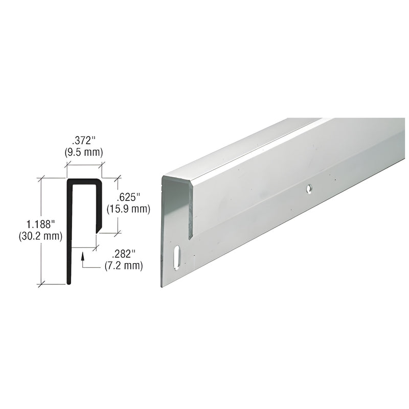 A technical diagram and a perspective view of the satin anodized aluminum J-channel showing its profile and mounting holes.