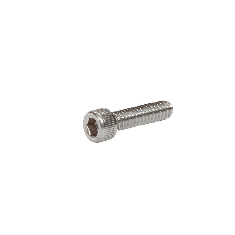 A close-up view of a single stainless steel socket head cap screw showing the hexagonal drive.