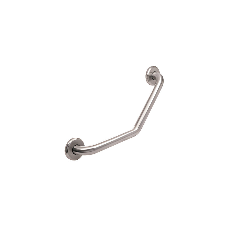 A polished chrome 135-degree angled grab bar with wall-mount flanges.