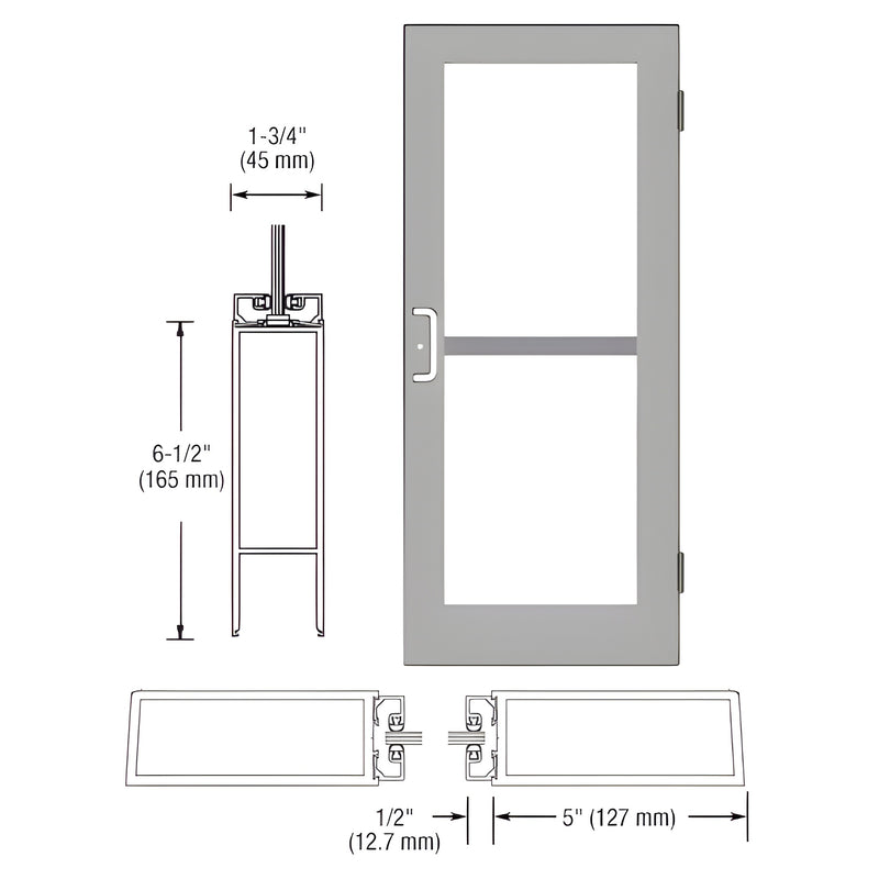 Technical diagram showing the profile and elevation dimensions of a Series 550 wide stile butt hinged entrance door with a clear anodized finish.