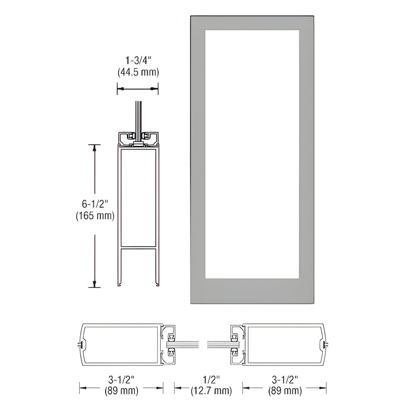 Technical diagram showing the profile dimensions and cross-section of a 400 medium stile center hung entrance door.