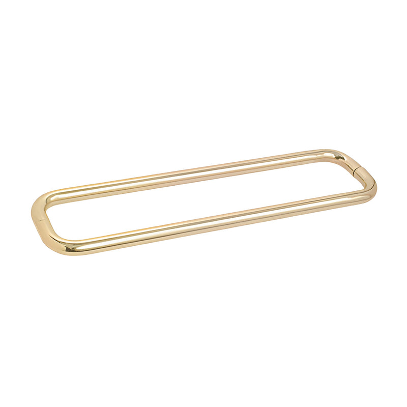 A satin brass 24-inch back-to-back towel bar with a tubular design for glass mounting.