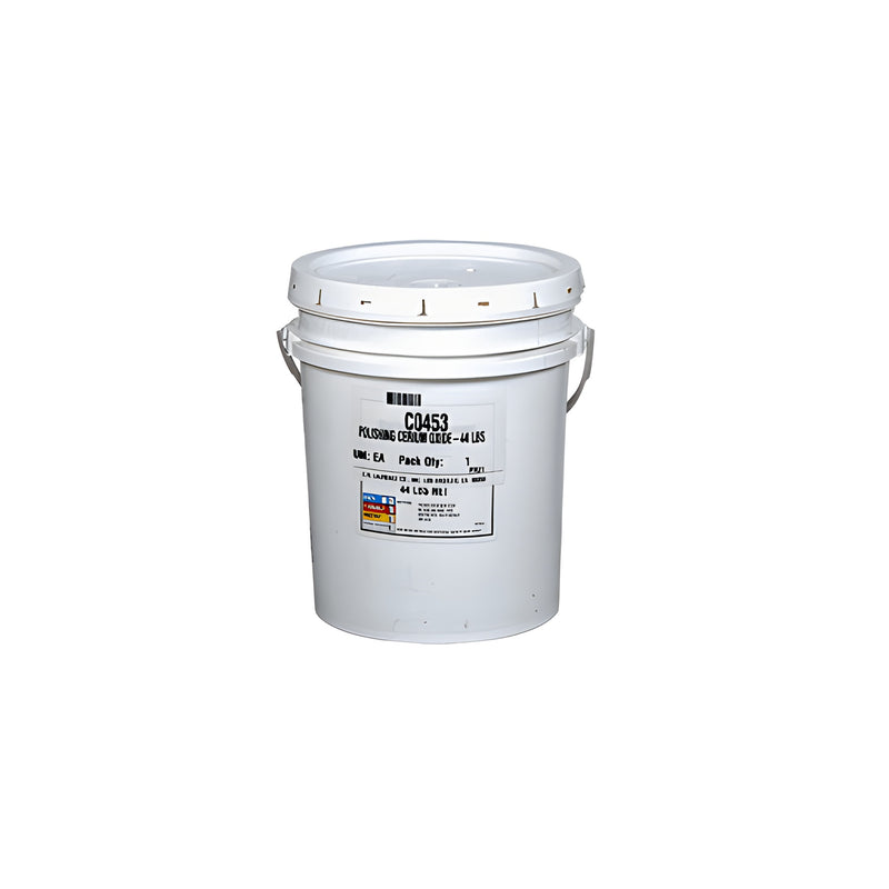 A white plastic bucket containing 44 pounds of CRL Polishing Cerium Oxide with a product label on the front.