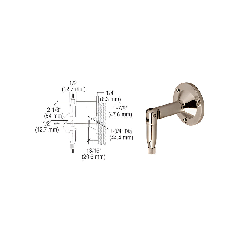 A technical diagram and a photograph showing a brushed nickel brass hanger pipe base fitting for a cable display system.