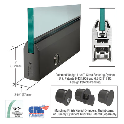 CRL Black Bronze Anodized 3/4" Glass 4" Tapered Door Rail With Lock - 35-3/4" Length
