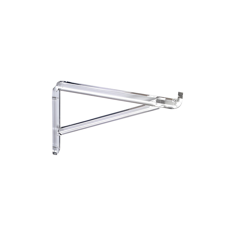 A single 12-inch clear Lucite shelf bracket shown in profile against a white background.