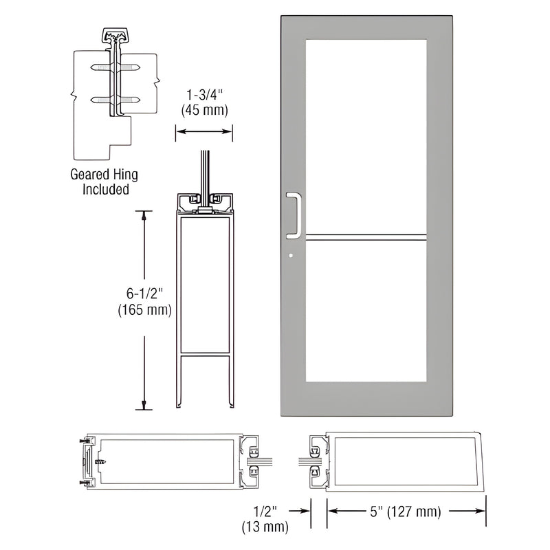Technical line drawing showing the profile, dimensions, and geared hinge assembly of a 550 Series wide stile aluminum door.