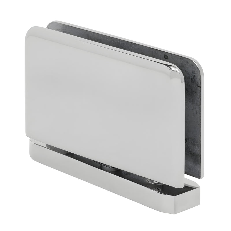 A polished chrome Prima 01 series hinge shown from an angled perspective.