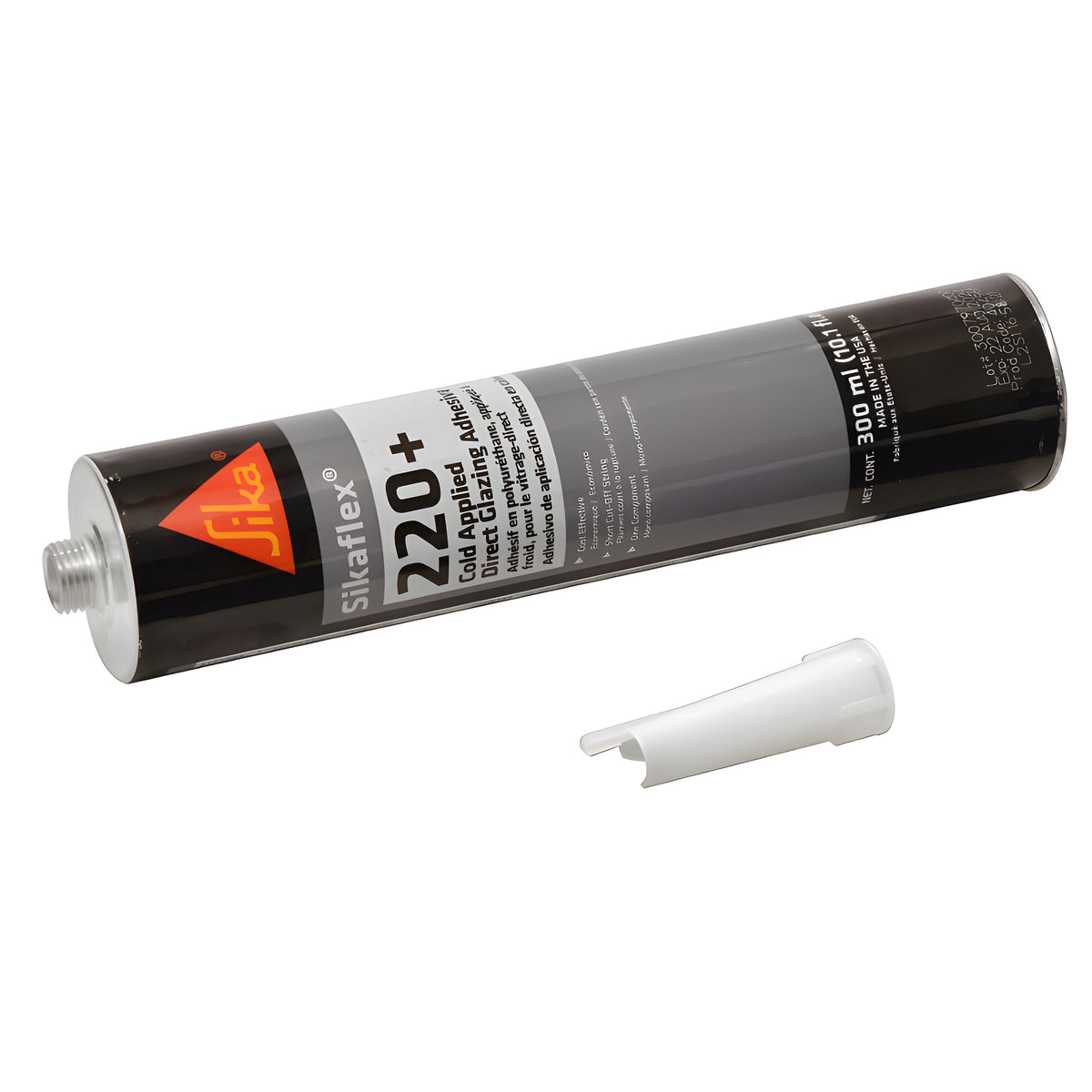A tube of Sika Tack Sikaflex 220+ urethane adhesive shown with its separate applicator nozzle.