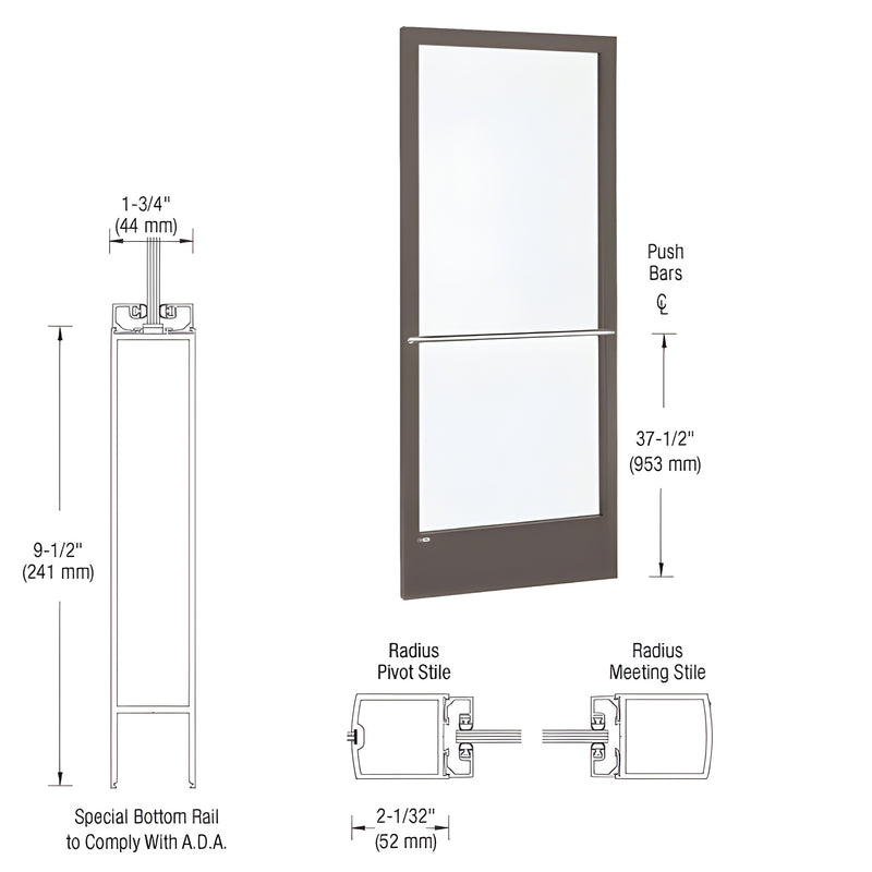 Technical diagram showing a black bronze anodized narrow stile inactive door leaf with push bars and ADA-compliant bottom rail specifications.