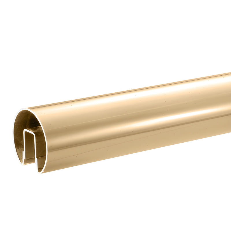 A close-up view of a 2-1/2 inch diameter polished brass cap rail designed for 1/2 inch glass panels.
