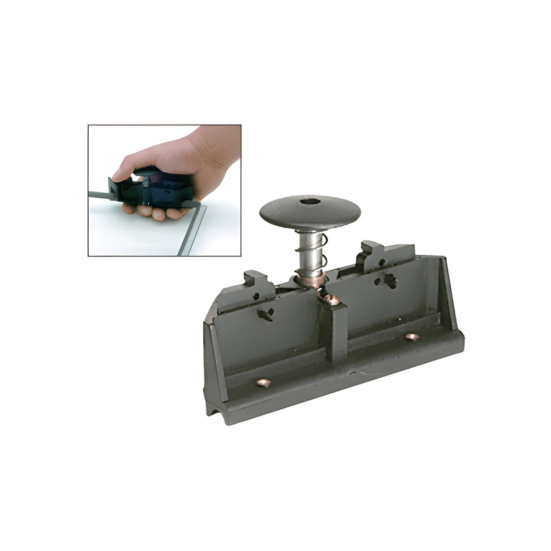 A close-up view of the black CRL Super Spacer Hand Notcher tool with a spring-loaded mechanism, shown alongside an inset image of it in use.