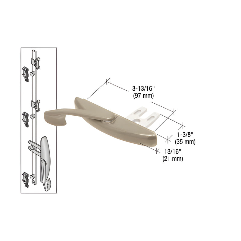 A champagne-colored multi-point latch actuator shown with technical dimension lines and an inset view of the assembly.