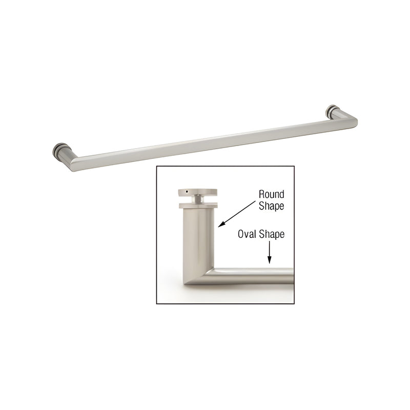 A 24-inch polished chrome single-sided towel bar with a detailed inset showing the round mounting post and oval bar profile.