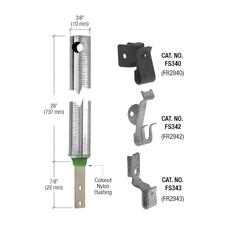 A 29-inch non-tilt spiral balance with a green bushing and attached FS340 clip shown next to alternative clip options.