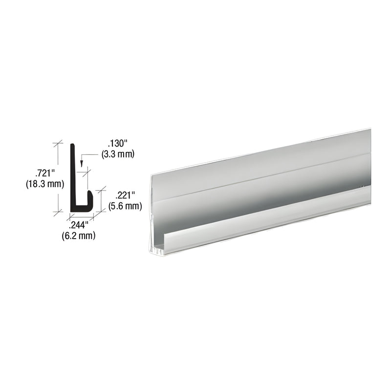 A technical diagram and perspective view of a brite anodized aluminum J-channel showing its 0.721 inch height and 0.13 inch inside dimension.