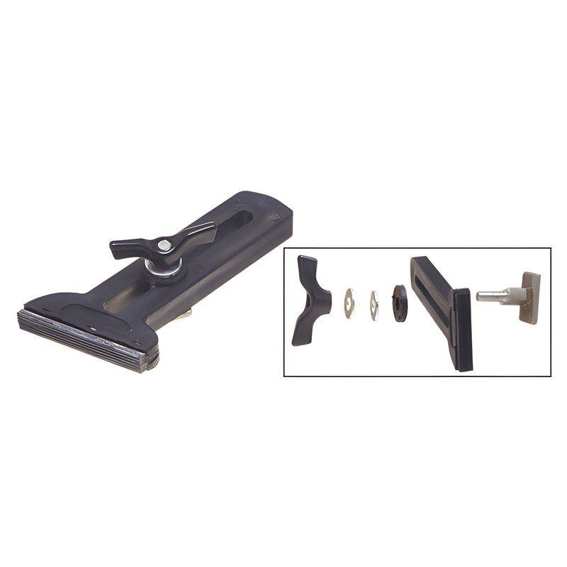 The CRL Left Hand Truck Rack Kleat is shown assembled and as individual components including a phenolic body, rubber grip, and tightening hardware.