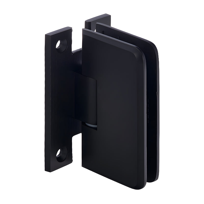 An angled view of the oil rubbed bronze Petite 037 series wall mount hinge showing the H-shaped back plate.