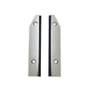 Two polished stainless steel tapered end caps with black fillers are shown side-by-side against a white background.